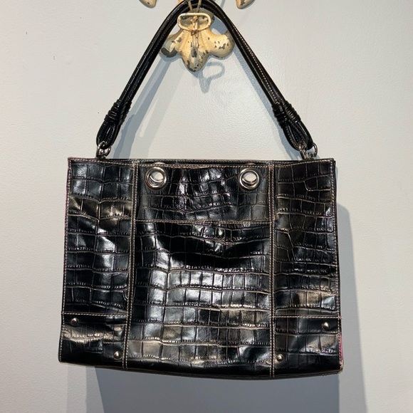Wilson’s Leather Black Croc‎ Embossed Travel Tote Bag Y2K - Picture 1 of 12